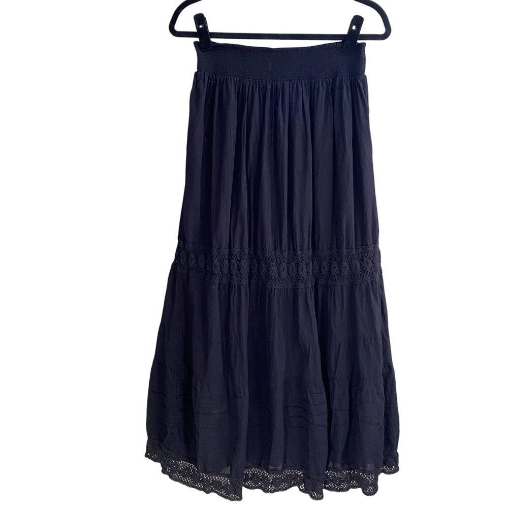 Candies Dark Fairy Grunge Tiered Skirt Black Crochet Lace Midi Boho Pull-On-M